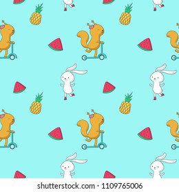 Summer seamless pattern. Vector hand drawn animals bunny, squirrel and fruits pineapple and slice of watermelon.