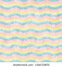 Summer seamless pattern. Vector illustration with outline white pattern on the wavy watercolor background