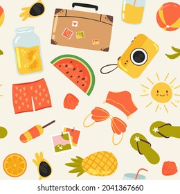 Summer seamless pattern vector illustration. Cartoon cute watermelon, sweet dessert ice cream gelato, suitcase, camera, bikini swimsuit, beach seashell, flip flops and sunglasses isolated on white