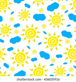 Summer seamless pattern. Vector illustration. Sun and clouds on a white background.