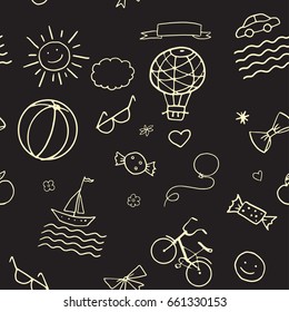 Summer seamless pattern vector illustration. Doodle style. Black background