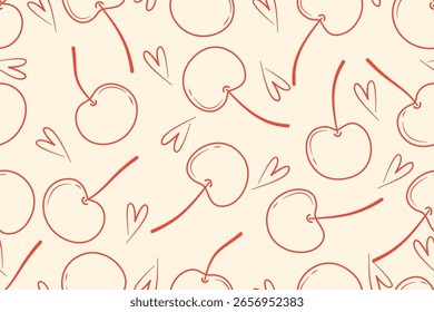 Summer seamless pattern with vector illustrations of fruits Hand drawn healthy food set and cherry cartoon background