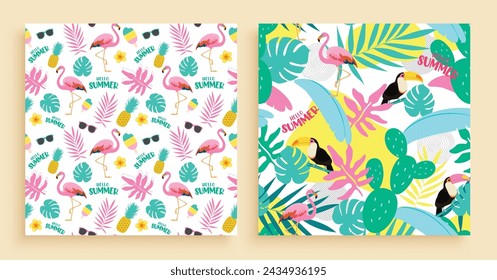 Summer seamless pattern vector poster set. Summer hello greeting with pink flamingo,  toucan bird, cactus and tropical leaves for endless pattern wallpaper background. Vector illustration summer 