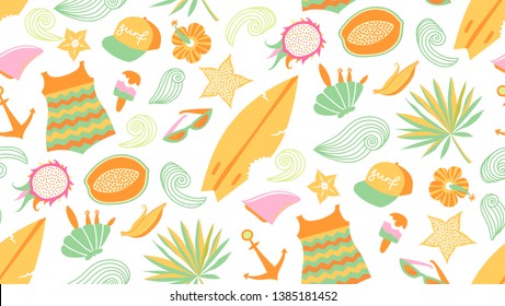 Summer seamless pattern. Vector seasonals icons set.