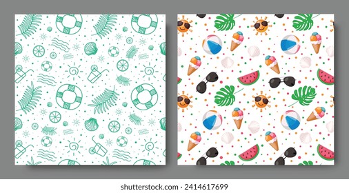 Summer seamless pattern vector set design. Summer endless pattern with handrawn sun, ice cream, beachball, life buoy and leaves decoration elements. Vector illustration seamless summer pattern 