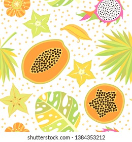 Summer seamless pattern. Vector tropical palm leaves, fowers, fruits background. Papaya, pitaya, carambola, banana, dragon fruit, monstera leaf icons.