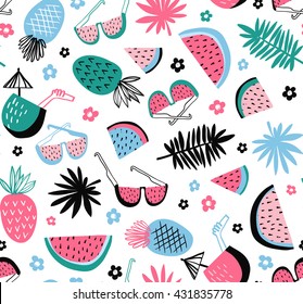 Summer seamless pattern. Vector tropical background with exotic  fruit and leaves.