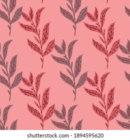 Summer seamless pattern with vintage leaves branches ornament. Pink pastel background. Decorative backdrop for fabric design, textile print, wrapping, cover. Vector illustration.