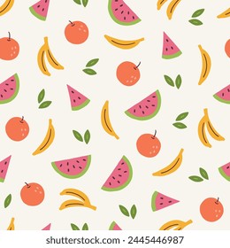 Summer seamless pattern with watermelon, banana, orange, leaves on white background. Perfect for seasonal greetings, wallpaper, wrapping paper, fabric. Vector illustration