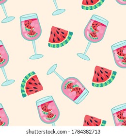 Summer seamless pattern with watermelon cocktail drink and slices. Endless design of summer bar fruit drink for prints and decoration, flat vector illustration.