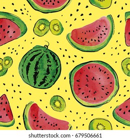 Summer seamless pattern with watermelon and kiwi fruit. Watercolor background.