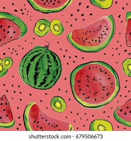 Summer seamless pattern with watermelon and kiwi fruit. Watercolor background.