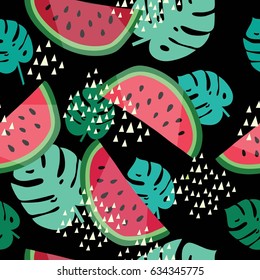 Summer seamless pattern. Watermelon and monstera leaves vector background. Flat illustration.