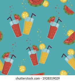 Summer Seamless Pattern. Watermelon and orange juice in a glass glass with pieces of fruit. Bright colorful print for paper, packaging, cover and textiles. Vector.