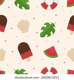 Summer seamless pattern with watermelon, seashells, leaf, and ice cream