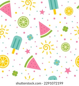 Summer seamless pattern with watermelon slice, lemon, lime and ice cream. Vector illustration