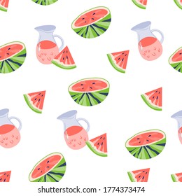 Summer seamless pattern with watermelon slices and jug of cold drink. Repeatable background with watermelon for summer clothes and other seasonal  items flat vector illustration on white background.