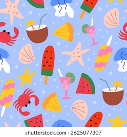Summer seamless pattern with watermelon slices, ice cream, seashells, crabs, jellyfish, cocktails and coconut. Vector flat tropical background