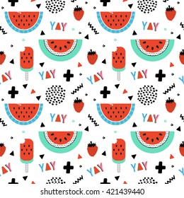 Summer seamless pattern with watermelon, strawberry and ice cream. Pop Art Style. Vector illustration. 