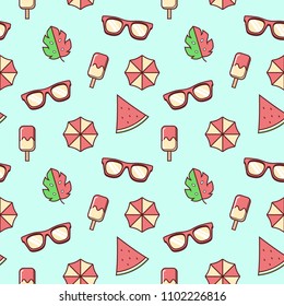 Summer seamless pattern. Watermelon, sunglasses, leaf, umbrella beach. Vector illustration