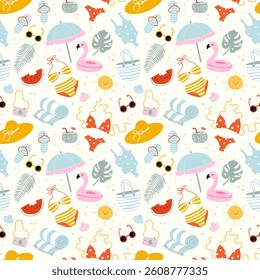 Summer seamless pattern with watermelon, swimsuits, pink inflatable flamingo for the pool, cocktail, sun umbrella, monstera. Cute beach and vacation hand drawn doodle elements. Vector illustration