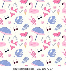 Summer seamless pattern with watermelon, swimsuits, pink inflatable flamingo for the pool, cocktail, sun umbrella, monstera. Cute beach and vacation hand drawn doodle elements. Vector illustration
