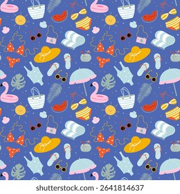 Summer seamless pattern with watermelon, swimsuits, pink inflatable flamingo for the pool, cocktail, sun umbrella, monstera. Cute beach and vacation hand drawn doodle elements. Vector illustration