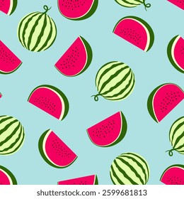 Summer seamless pattern with watermelon. Vector summer illustration. Colorful background in a flat style. Watermelons on a blue background.