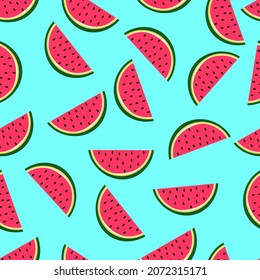 summer seamless pattern with watermelons in doodle style on blue background 