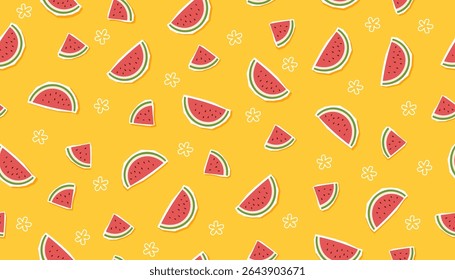 Summer seamless pattern of watermelons on yellow background. Concept of summer, tropical climate, food, beach, resting. Vector banner in flat style.