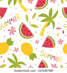 Summer seamless pattern. Watermelons, pineapples, palm trees and flowers.