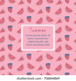 Summer Seamless Pattern with watermelons and strawberry. Cute Background, summer fruits. Vector Illustration.