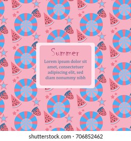 Summer Seamless Pattern with watermelons and strawberry. Cute Background, summer fruits. Vector Illustration.