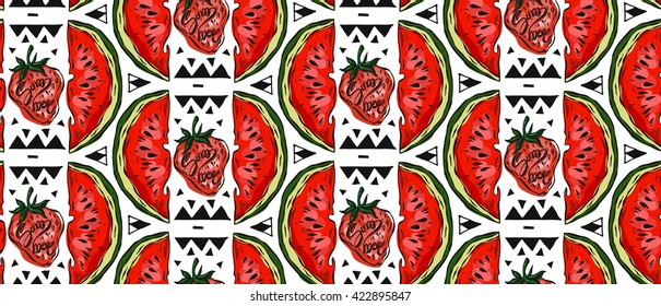Summer seamless pattern with watermelon,strawberry and geometric figures triangles.Hipster,modern,ethnic,tribal  and food pattern.