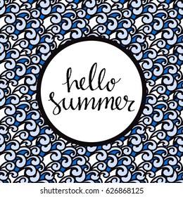 Summer seamless pattern with waves. Sea print, frame. Hand written font