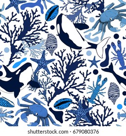 Summer seamless pattern with whales,crabs,lobsters and corals.Vector colorful background.Textile texture