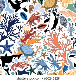 Summer seamless pattern with whales,turtles,crabs,lobsters and corals.Colorful vector background.Textile texture