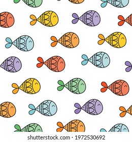 Summer seamless pattern with whimsical tropical fish. Cute hand drawn vector background for kids room decor, fashion, nursery art, print, gift, poster, fabric, textile, wallpaper, wrapping paper.
