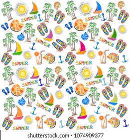 Summer seamless pattern. White summer background with flip-flops, sun, palm tree, cocktail, boat, anchor and shell. Vector illustration