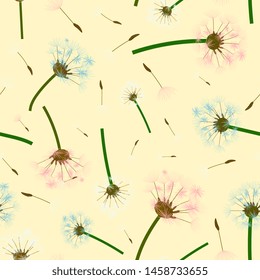 Summer seamless pattern with white dandelions. hand drawing. For textiles, packaging, fabric, wallpaper.Elegant vintage background