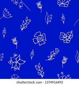 Summer seamless pattern. White flowers on a blue background. Suitable for fabric, packaging, wallpaper