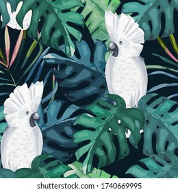Summer seamless pattern with white parrot, palm leaves on blue background. Vector illustration. Jungle print with wild birds