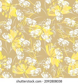 Sommernahtloses Muster von weißen und gelben Umrissblumen. Gelbe und weiße Blumen auf beigem Hintergrund. Moderne Vektorgrafik für den Druck auf Tapete, Stoff, Vorlage.