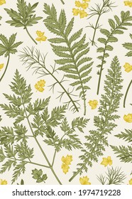 Summer seamless pattern with wild leaves and herbs. Vintage vector illustration for wrapping paper, textile, wallpaper. Green and yellow background.