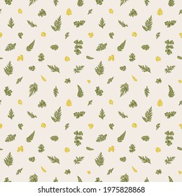 Summer seamless pattern with wild leaves and herbs. Little texture. Vintage botanical background. Stylish vector illustration for wrapping paper, textile, wallpaper.  Green and yellow. 