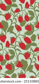 Summer seamless pattern with wild strawberries and leaves on green background. Seasonal cute groovy strawberries design for fabric prints.
