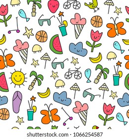 Summer seamless pattern withdifferent summer objects and things on white font