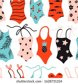Summer seamless pattern with woman beach clothes. Hand drawn doodle swimsuits. Fashion colorful hand drawn accessories. Stylish swimwear design. Cute flat vector texture for textile, fabric, paper