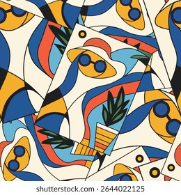 Verão padrão sem costura com mulher em óculos de sol, elementos de design. Padrão de verão para convites, cartões, impressão, papel de presente, fabricação, têxtil, tecido, papéis de parede