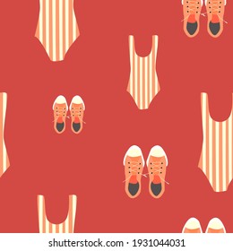 Summer seamless pattern with women's swimsuits and sneakers on red background